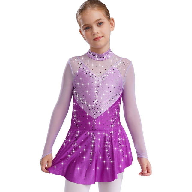 YONGHS Robe de Danse Patinage Artistique pour Filles Enfants avec Strass Ballet Lyrique Robe de Danse Performance Violet 6
