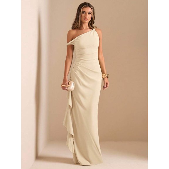 Apricot One Shoulder Ruched Wrap Maxi Dress With Asymmetrical Hem And Draped Detail