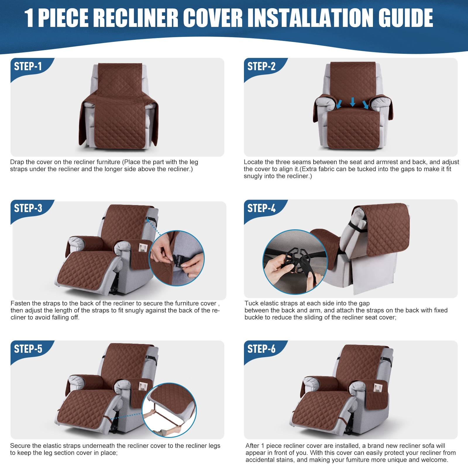 Timeles Waterproof Recliner Covers, Recliner Chair Covers with Leg Straps, Reversible Recliner Couch Cover for 1 Seat Reclining Sofa, Washable Chair Protector for Pets Kids(1 Seater 22", Coffee)