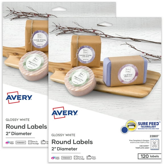 Avery Round Labels, Glossy White, 2" Diameter, 240ct (22807)