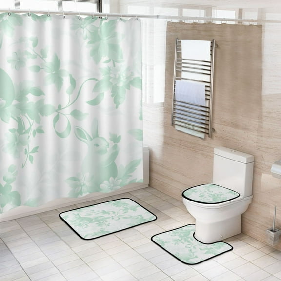 4-Piece Bathroom Set with Waterproof Shower Curtain with Non-Slip Bath Mat, U-Shaped Mat & Toilet Lid Cover Mint Green Rabbits