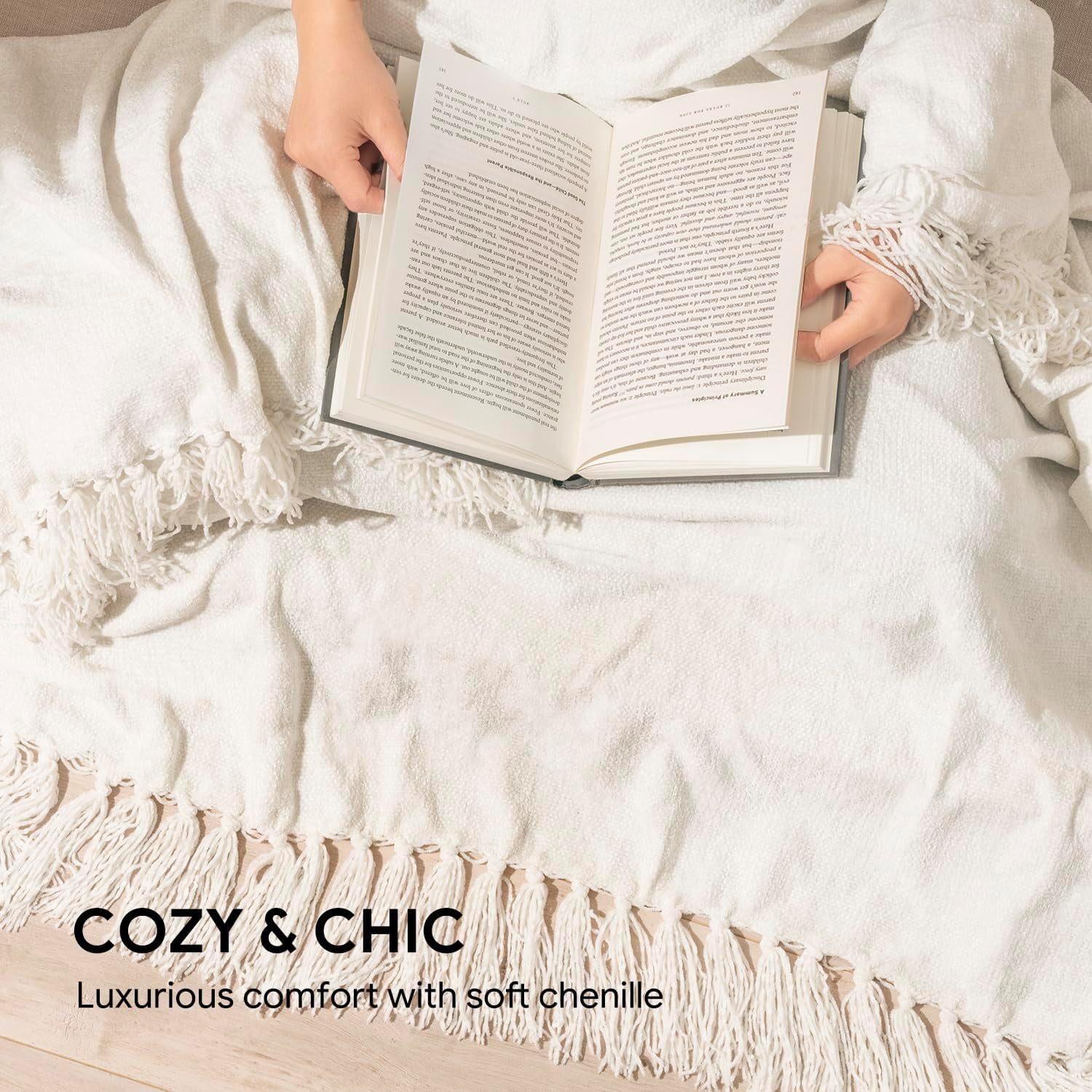 RECYCO Throw Blanket Soft Cozy Chenille Throw Blanket with Fringe Tassel for Couch Sofa Chair Bed Living Room (Ivory White, 60" x 80")