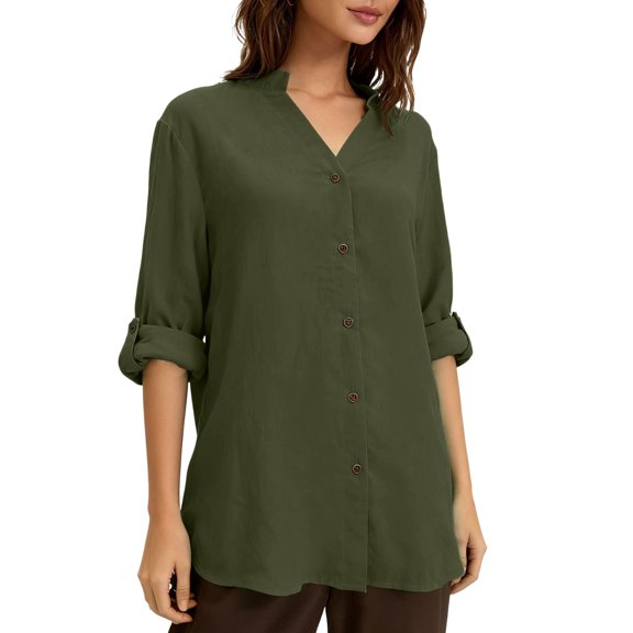 Sheghy Long Sleeve Shirts for Women Solid V Neck Plus Size Pocket Button Down Long Sleeve Shirt Laid Back Silhouette Office Casual Top Army Green S