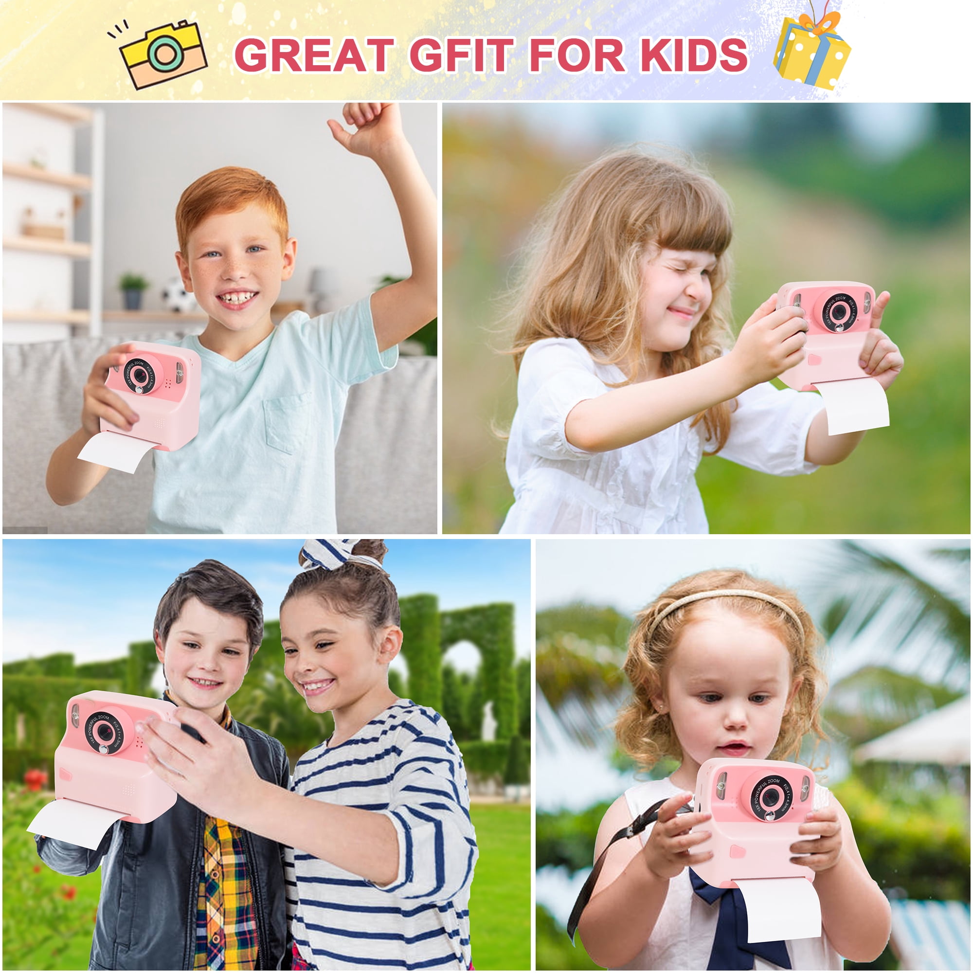 Yexmas Instant Print Digital Kids Camera 1080P Rechargeable HD Digital Toy Cameras Gift with 32G SD Card for Age 3-12, Pink