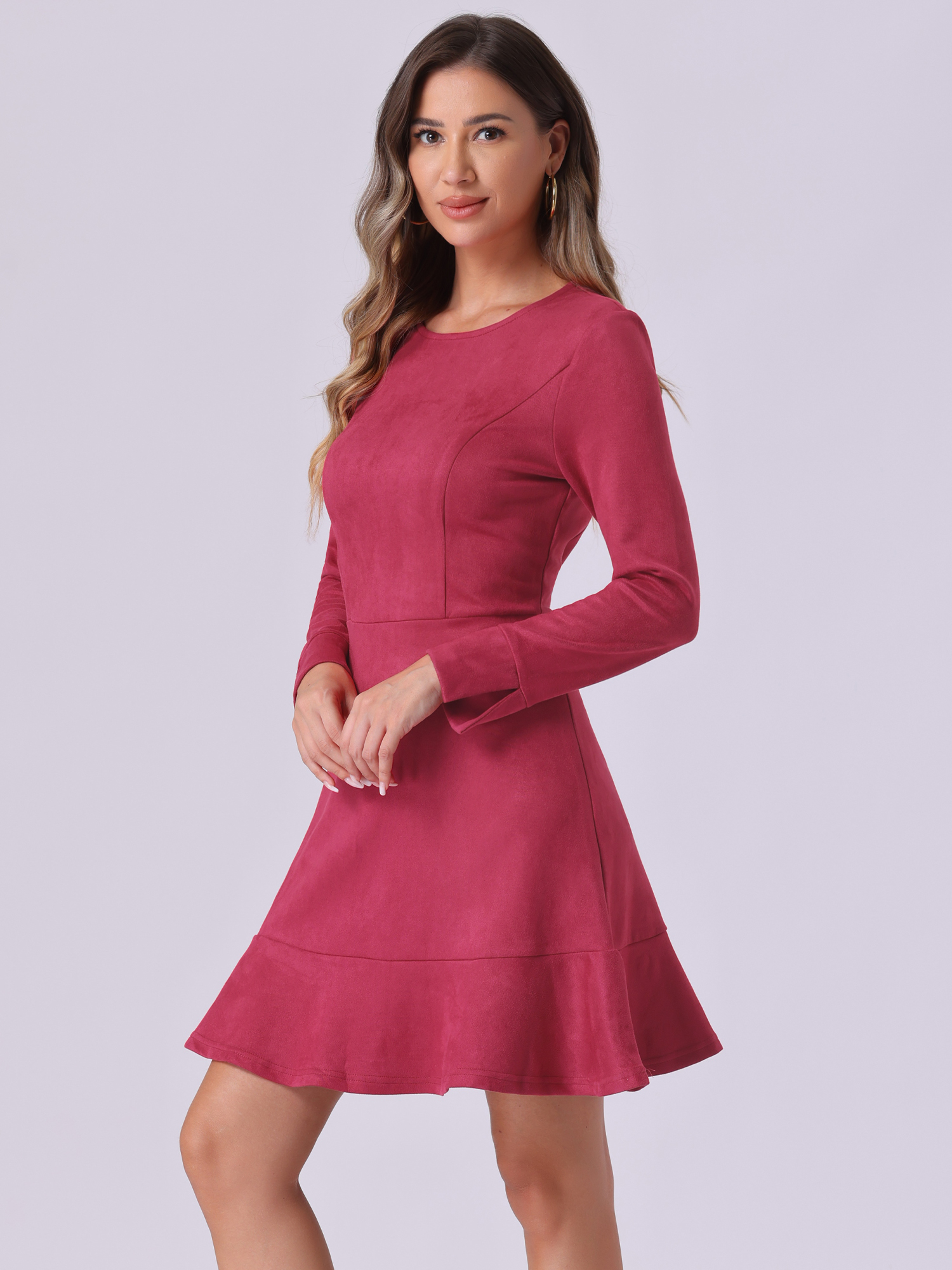 DARING DIVA Women's Faux Suede Ruffle Hem Long Sleeve Mini Dresses L Burgundy
