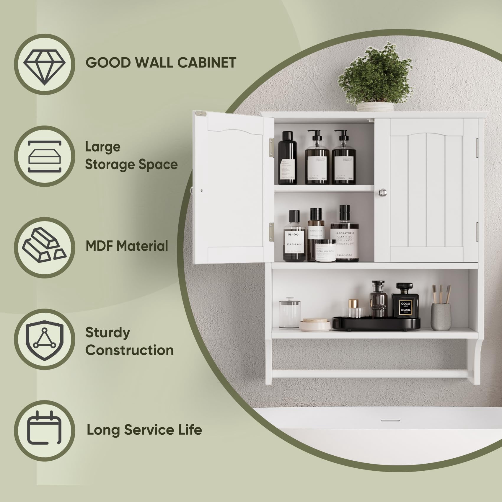 Algherohein Bathroom Medicine Cabinet with Shelf and Towels Bar,over the Toilet Storage,White Large