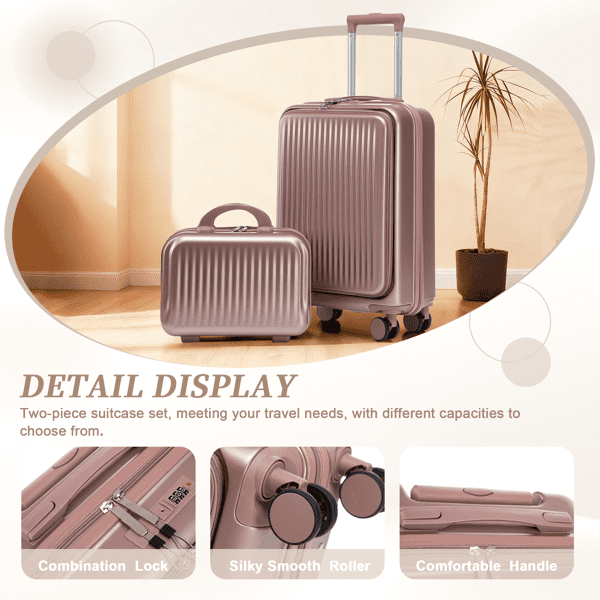 2‑Piece Set ABS Spinner Wheel Luggage, 14" Cosmetic Case & 20" Suitcase, Champagne, Combination Lock with Front Opening Design