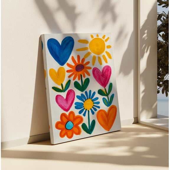 Velto Whimsical Heart and Flower Canvas Wall Art Sunshine Colorful Nursery Artwork Cheerful Decorative Home Design, SIZE 8x10 INCLUDE Pine Wood Frame 1.25-Inch