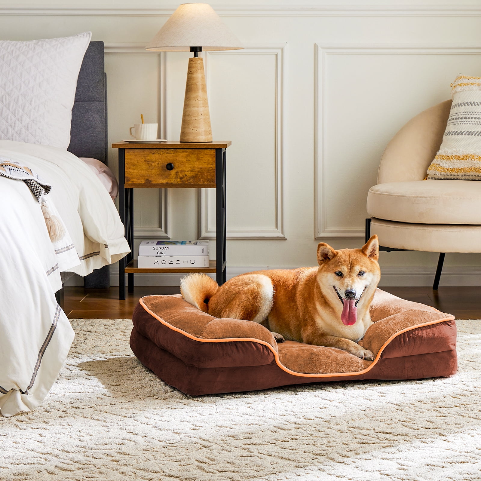EverPick Memory Foam Pet Bed for Small Dogs & Cats with Washable Removable Cover Non-Slip Base Waterproof Liner - Brown（42*32*6.5")