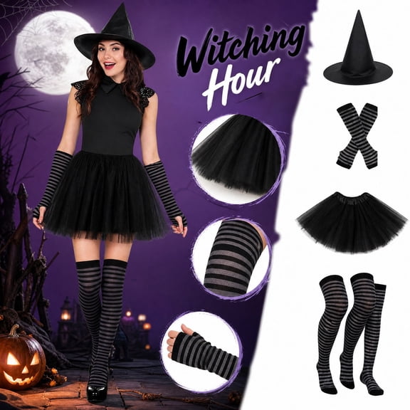 Adult Women'S Halloween Witch Costume Set With Hat, Striped Socks, Gloves And Tulle Skirt, Four-Piece Outfit For Costume Parties, Dance Events, Cosplay And Themed Celebrations