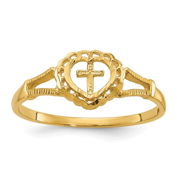 14K Yellow Gold Diamond-Cut Size 4 Heart & Cross Ring