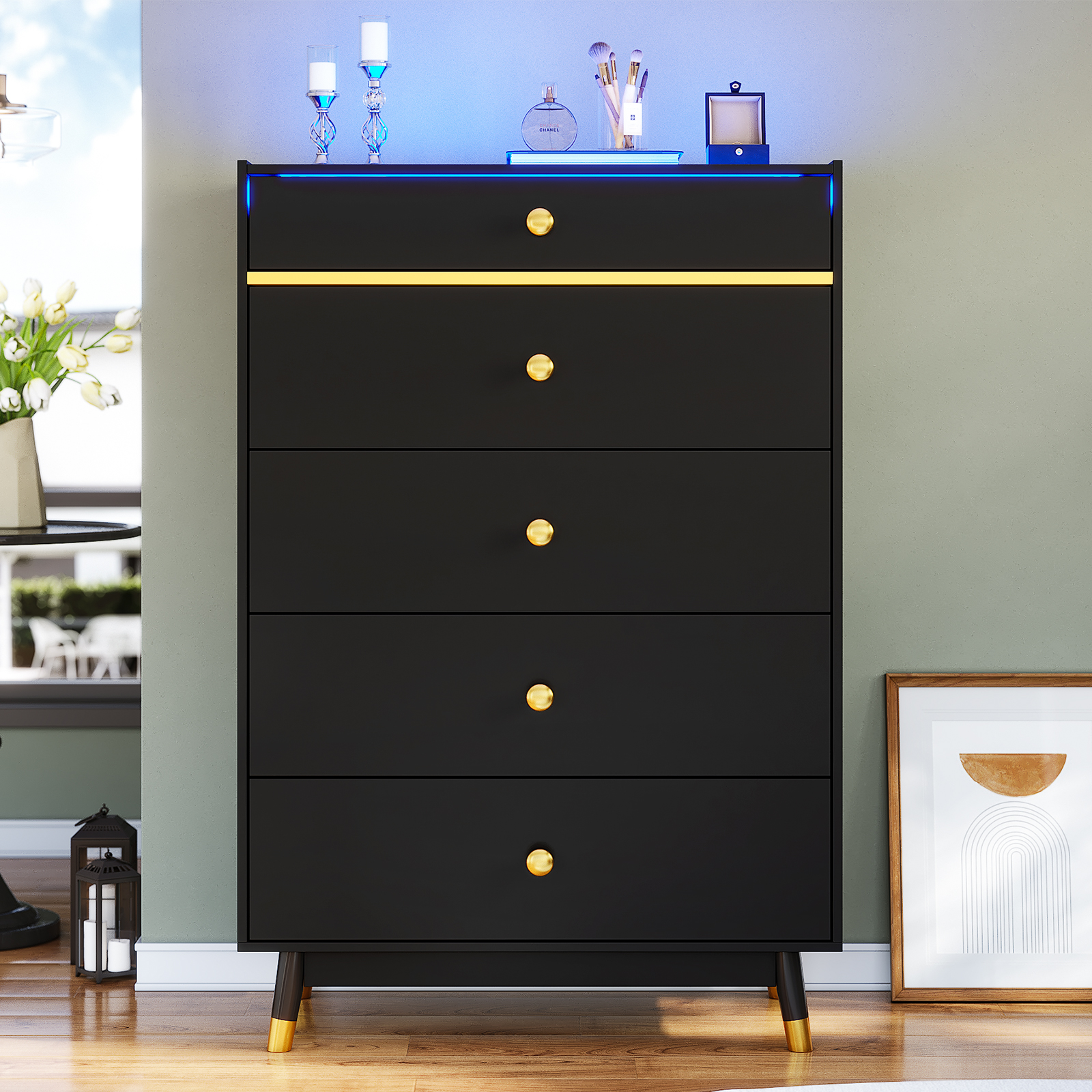 black glass dresser Modern Bedroom with LED Lights, 5 Drawers & Top, 8 Storage Compartments Alice+Olivia Black Cotton-Blend Floral Size:Multiple Sizes Color:AD338 Six large drawers offer