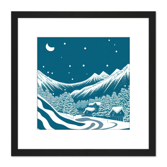 Alpine Blue Winter Snow Scene Mountain Alps Square Wooden Framed Wall Art Print Picture 8X8 Inch