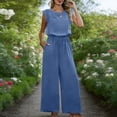 thumbnail image 6 of Lcziwo Summer Wide Leg Jumpsuits for Women Cap Sleeve Lace Crew Neck Solid Overalls Drawstring High Waisted Casual Pant Rompers with Pockets Blue,XXL, 6 of 8