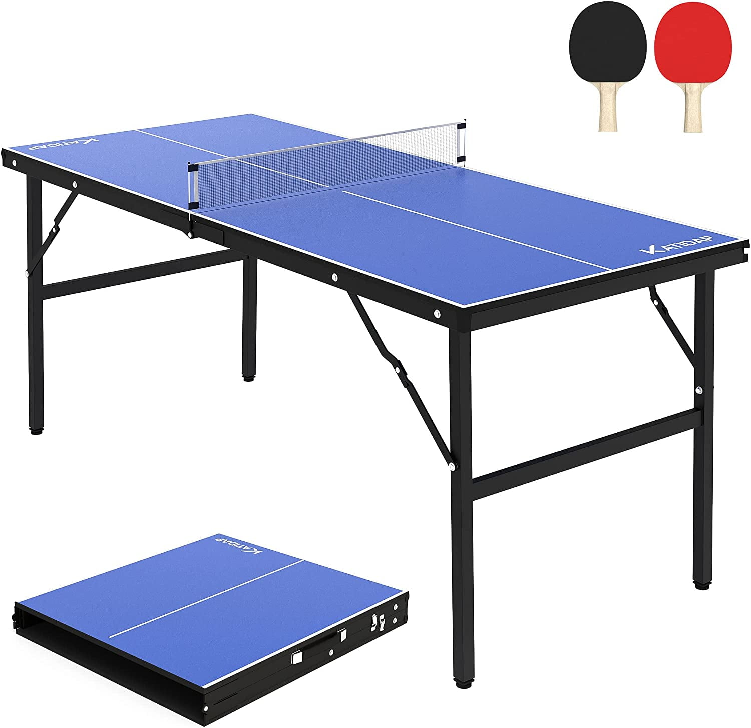 KATIDAP Blue Portable Ping Pong Table, Mid-Size Foldable Tennis Table with Net for Indoor Outdoor, 60 x 26 x 27.5 Inch