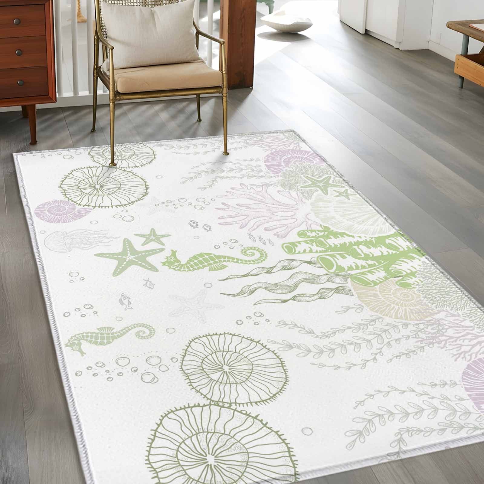 Rectangle Area Rugs 2.7 x 5 Ft, Coastal Sage Green Non-Slip Residential Carpet, Ocean Coral Starfish Jellyfish Indoor Crawling Mats Runner Rugs for Living Room/Dining Room/Bedroom