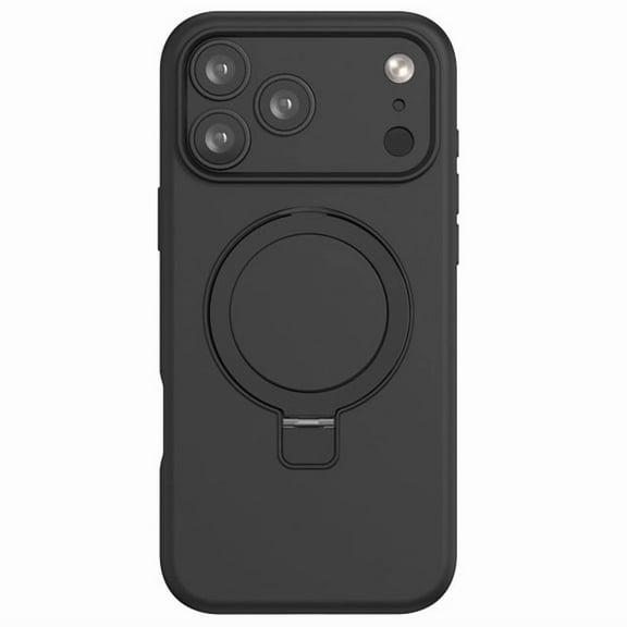 Silicone Ring Stand Magnetic Case for iPhone 17 Pro Max with Tempered Glass Screen Protector - Black
