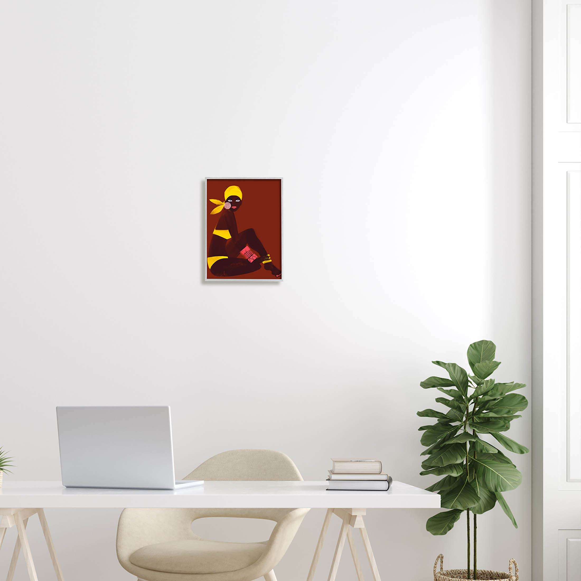 Woman Sitting Yellow Swimsuit Abstract Graphic Art Gray Framed Art Print Wall Art