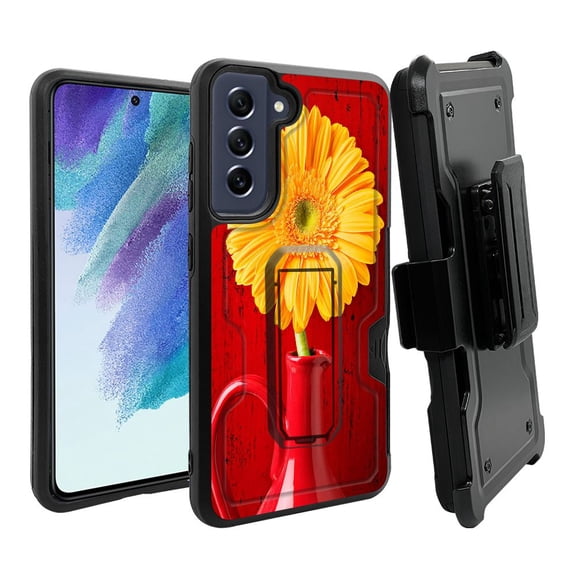 ANJ  Rugged Dual Layer Shockproof Holster Case w/Card Slot, Kickstand   Tempered Glass for Samsung Galaxy S21 FE 5G - Sunflower in Vase