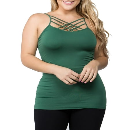 Sleek Criss Cross Cami MOA COLLECTION Women's Solid Lightweight Seamless Crisscross Spaghetti Strap Scoop Neck Cami Top Tee ()