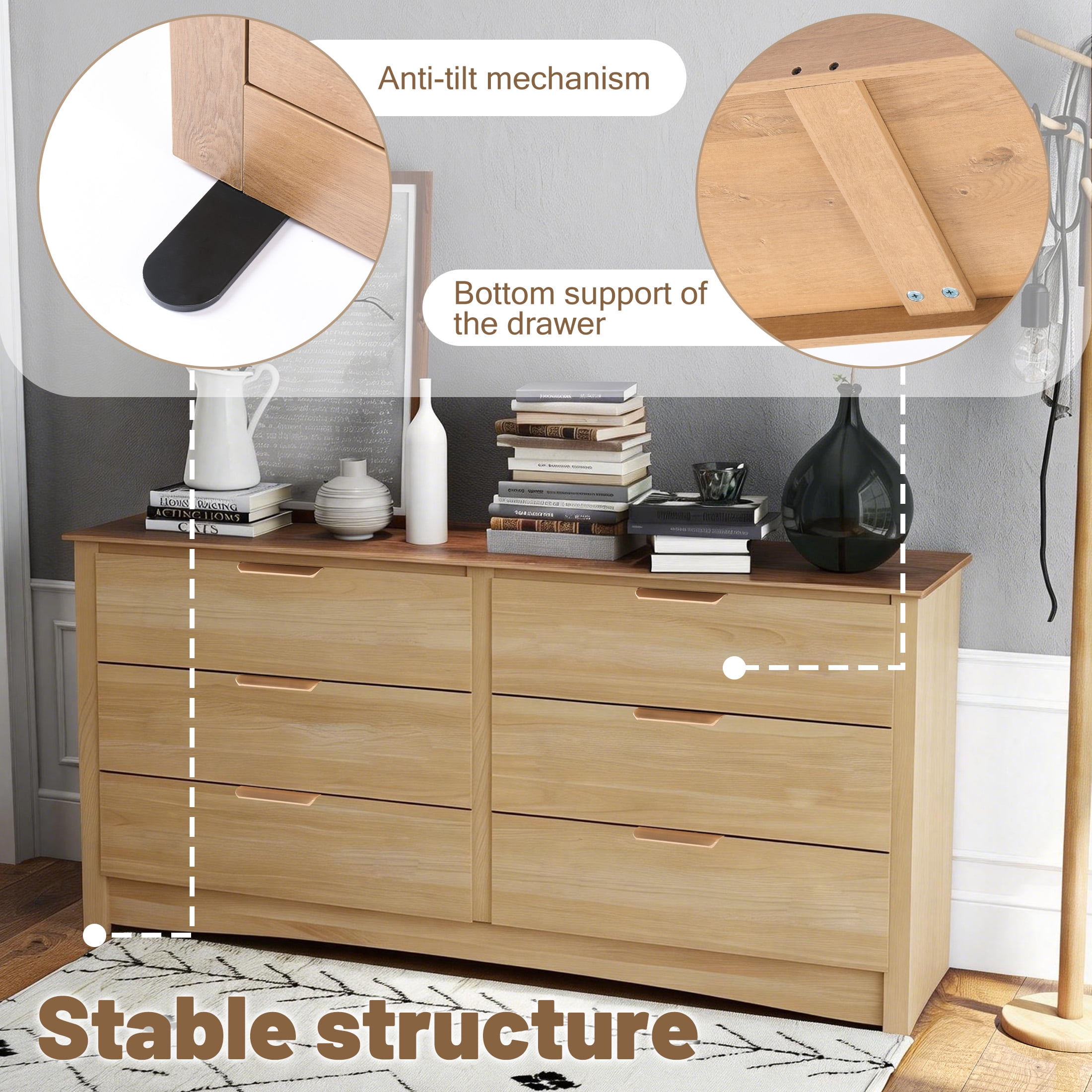 CONCETTA 6-Drawer Double Dresser for Bedroom, Wide Chest of Drawers, Bedroom Storage Furniture，Wood