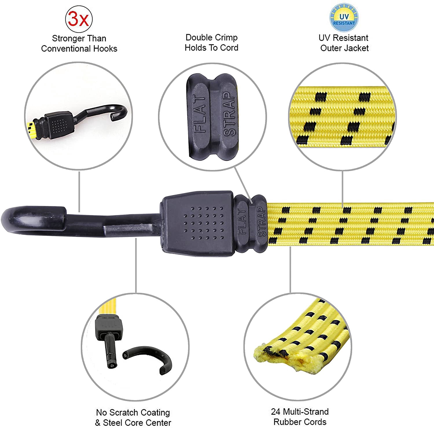 Ultra 48" Black/Yellow Flat Bungee Cord, 4pk x 48"