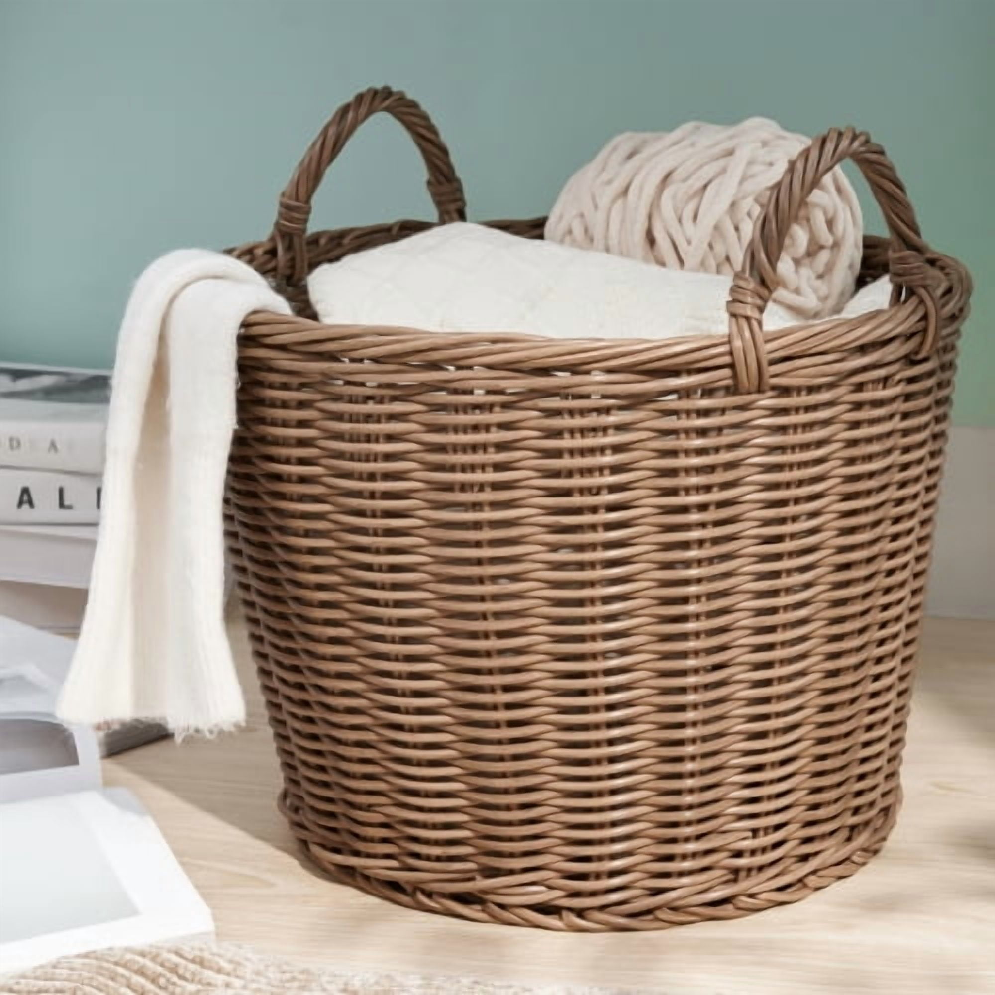 Round cone woven resin wicker basket with handles 16"x16"x10.5" chocolate brown for clothes towels canvas toys magazines storage and home decoration