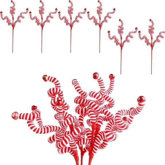 Triani 6Pcs Red/White Christmas Tree Decoration Woolen Bells Curly Pick Christmas Tree Picks Christmas Tree Sticks Ornaments for Vase Filler Office Home Decor
