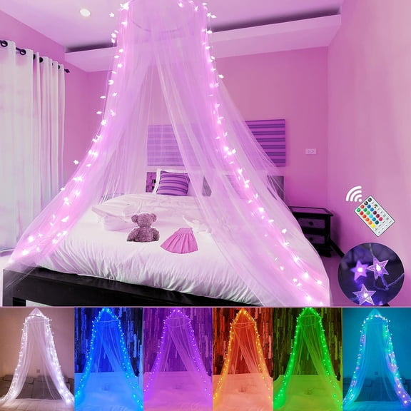 Bed Canopy with LED Star Lights, Princess Canopy Bed Curtain with 18 Colors Changing String Lights Remote Timer for Girls Bedroom, Pink Red Blue White Dome Canopy for Twin to King Size Bed