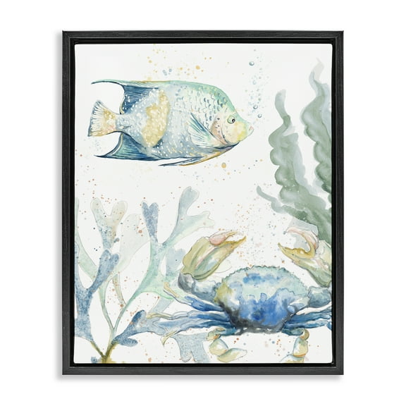 Stupell Industries Crab & Fish Scene Animals & Insects Painting Black Floater Framed Canvas Art Print Wall Art, 17 x 21