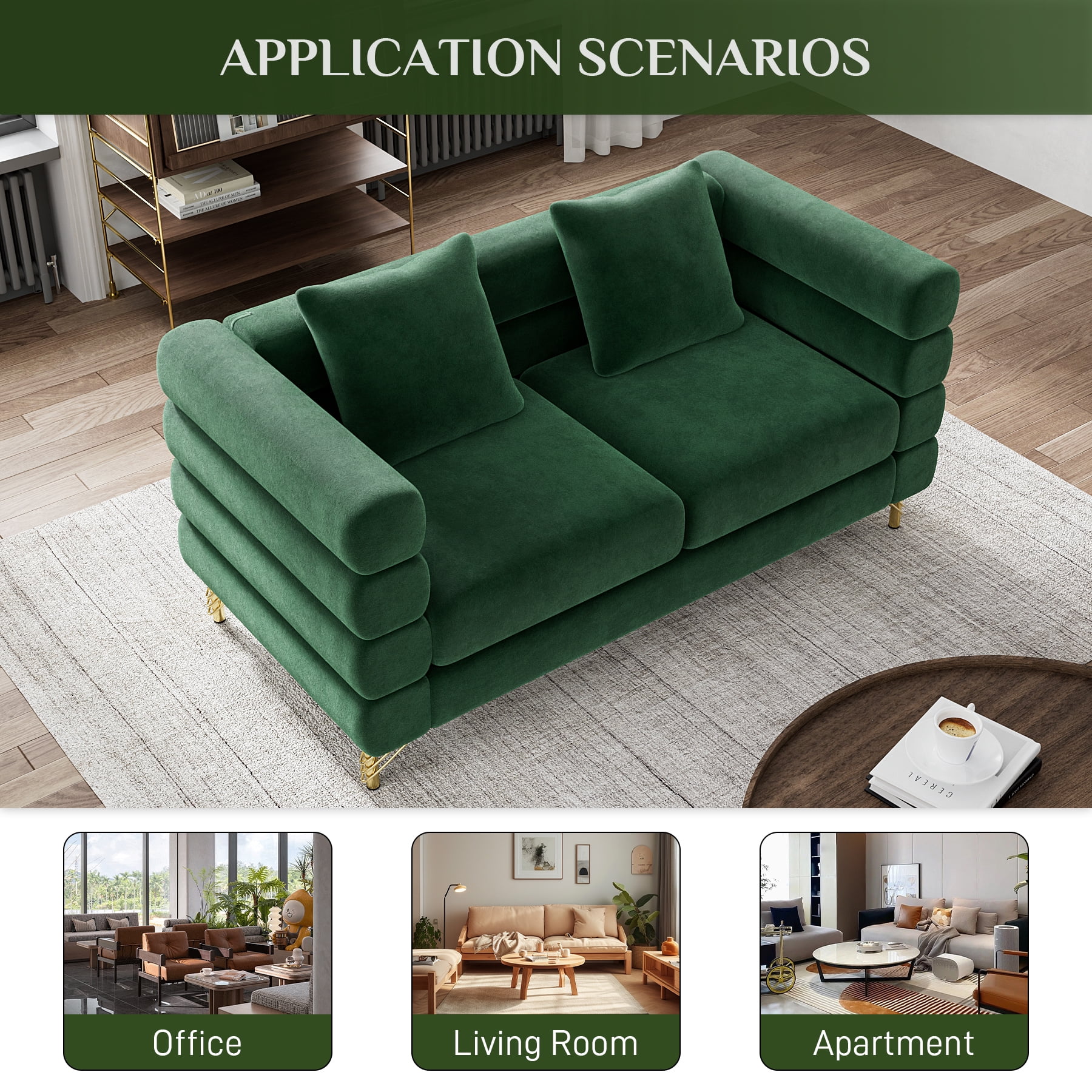 Wiilayok 59" Velvet Cloud Couch, 2 Seater Deep Seat Sofa Couches with Gold Legs,Pillows,Modern Loveseat Sofa for Living Room Bedroom Office Apartment,Emerald Green