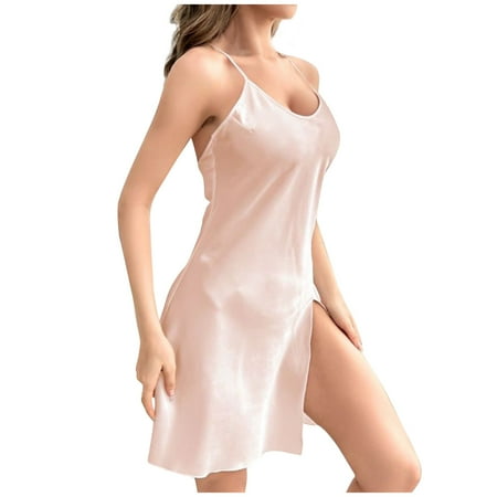 Alkepwun Womens Satin Nightshirts Sexy Sleepdress Nightshirt Spaghetti Strap Short Chemise Lingerie Sleepwear Thigh Slit Cross-back Slip Dress