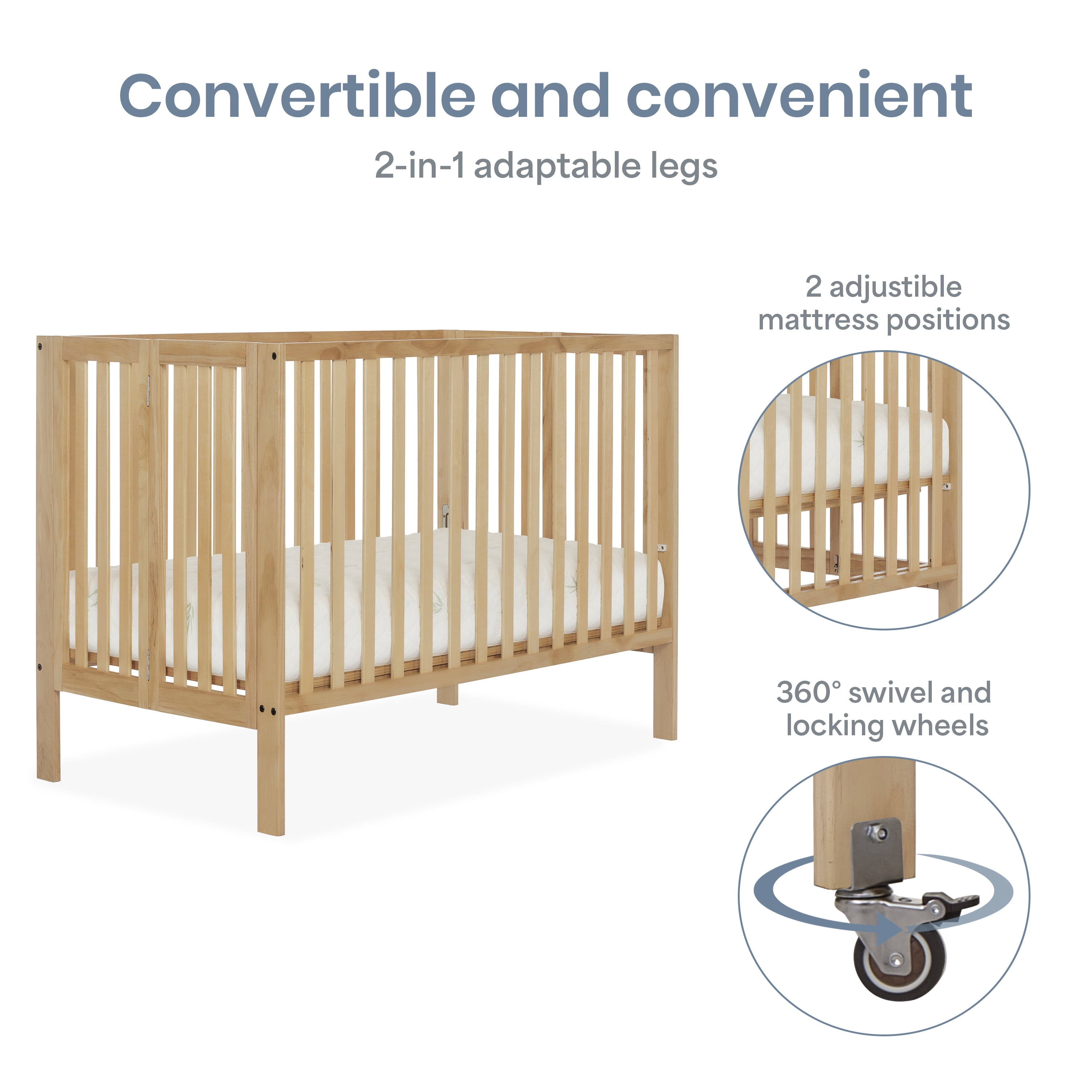 Dream On Me Quinn Full-Size Folding Crib, Removable Wheels, Modern Nursey, Adjustable Mattress Support, Patent Folding System in Natural