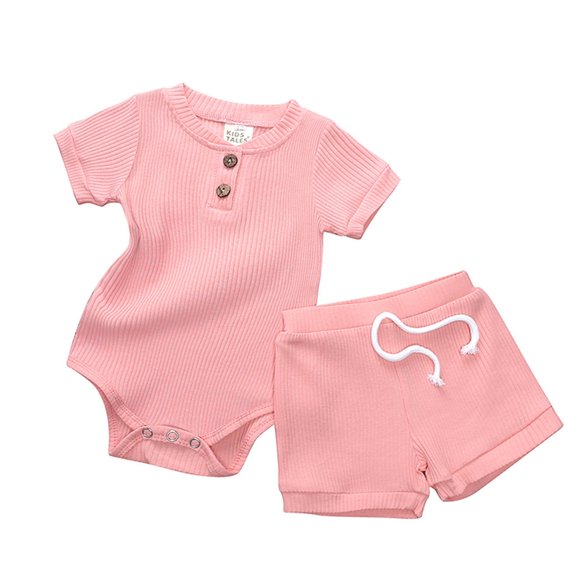 Baby Girls Summer Solid Ribbed Short Sleeve Romper Bodysuit Shorts Set Outfits Young Girl Clothes 1-2 Years