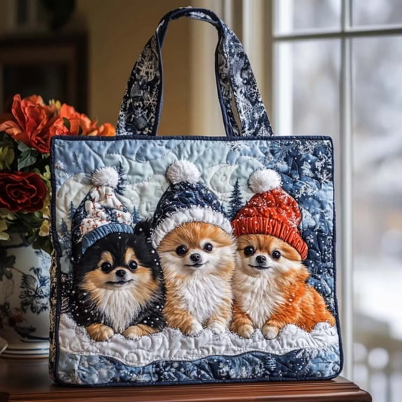 Gytml Dog Print Quilted Tote Bag, Reusable Fabric Shopping Bag With Reinforced Handles, Large Multi-Use Tote For Groceries, Travel & Work(Blue-14.96"X13.78")
