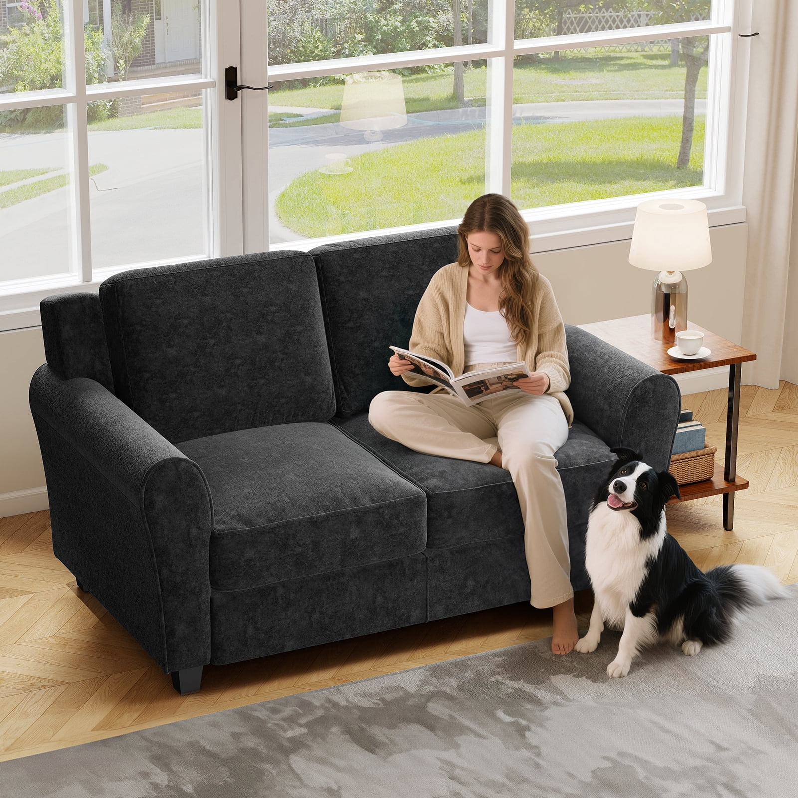 Ebello Modern Loveseat Sofa, 2-Seater Upholstered Sofa Couch with Thick Cushions for Living Room and Bedroom, Black