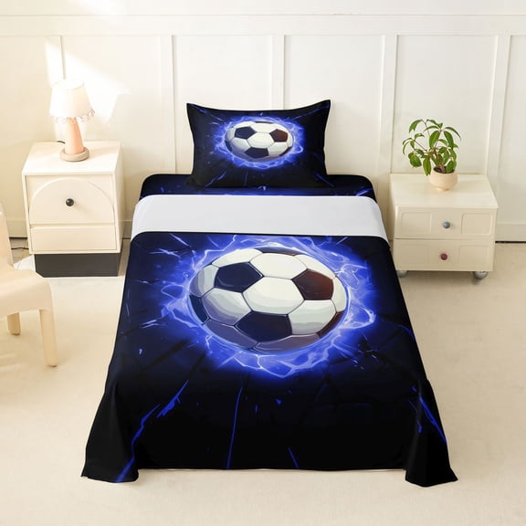 Erosebridal Soccer Ball Games Kids Twin Sheet Sets,Black Blue Bedding For Football Lovers 3 Pieces