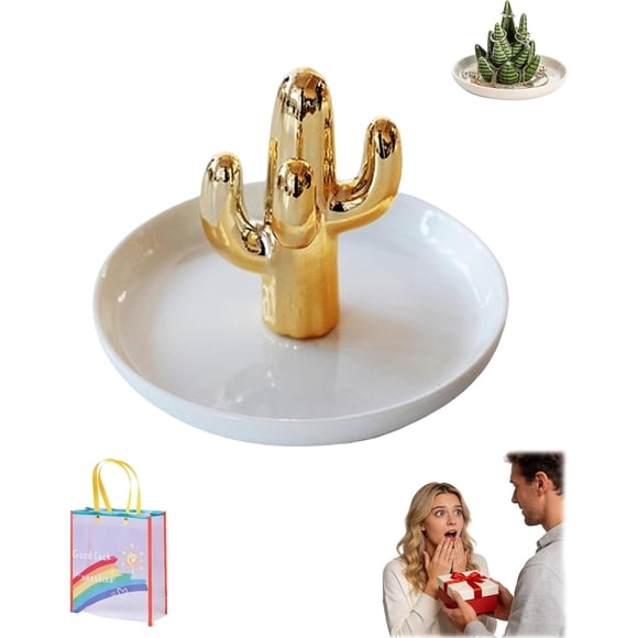 Aloe and Cactus Ring Holder, Ceramic Aloes Vera and Cactus Ring Holder, Jewelry Tray Organizer for Bathroom Bedroom Vanity, for Rings, Earrings, Necklaces, Wedding, Birthday, Home (Gold Cactus)
