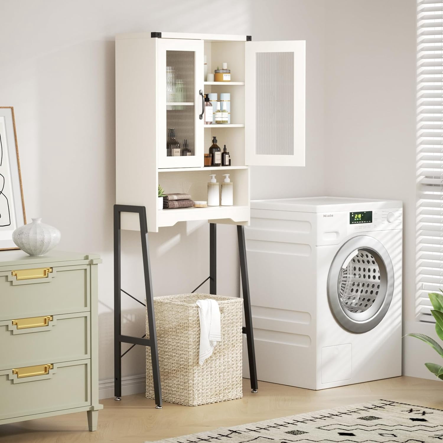 VEANERWOOD Over The Toilet Storage Cabinet with Tempered Glass Doors & Adjustable Shelf, Tall Freestanding Rack, White