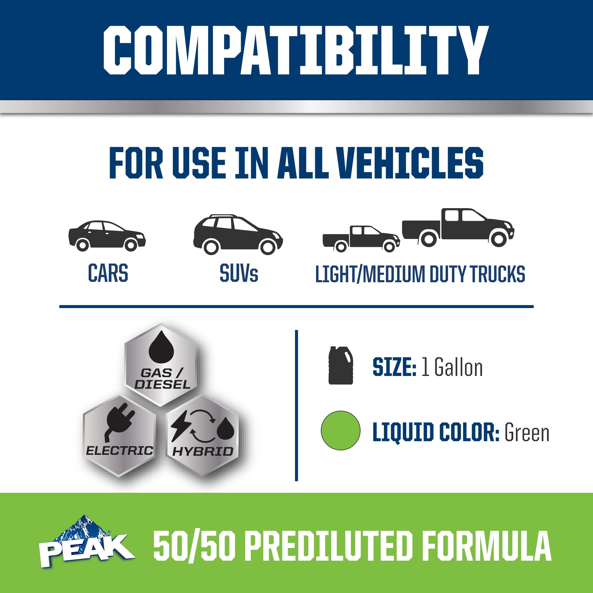 PEAK OET Antifreeze + Coolant 50/50 Prediluted for Asian Vehicles - Green, 1 Gallon