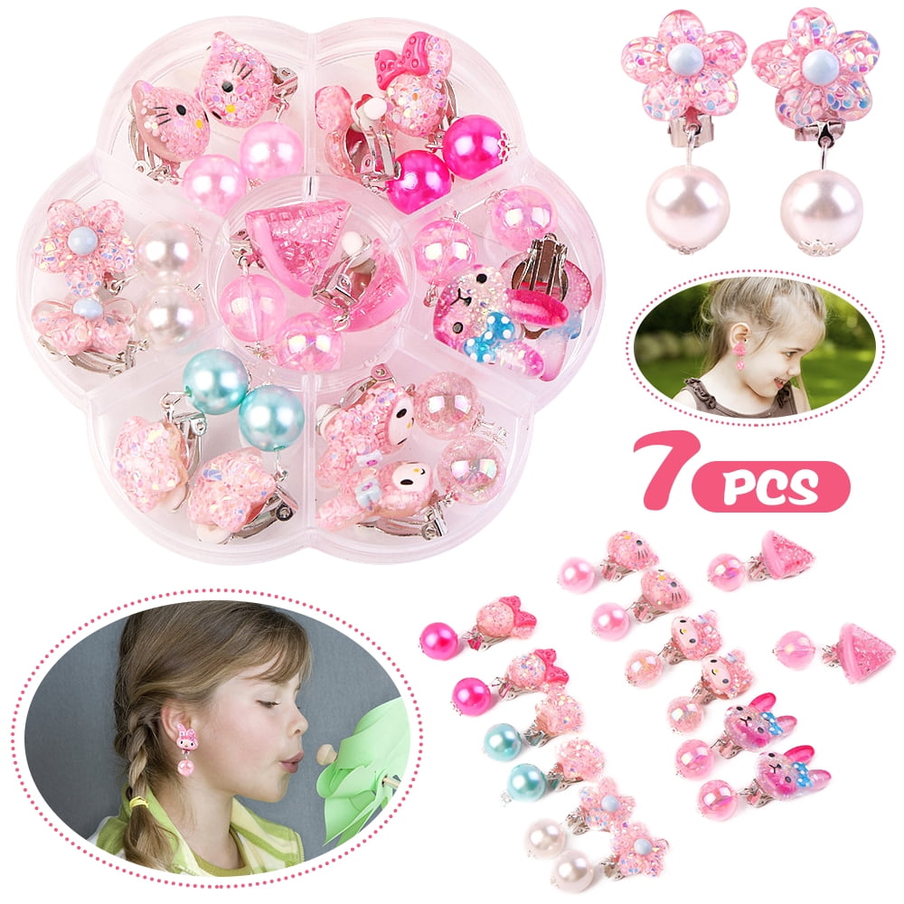 SHELLTON 7 Pairs Girls Clip On Earrings Cute Dangle Drop Clipon