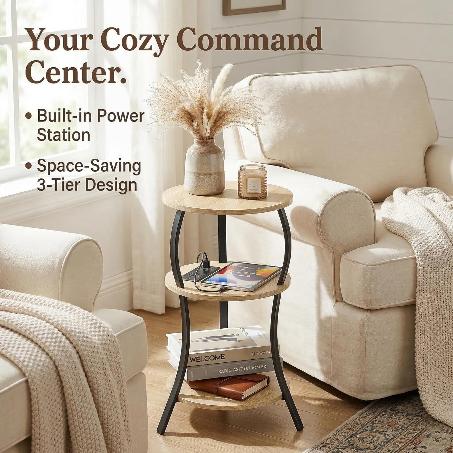 Small Round Side Table with Charging Station, 3-Tier Waist Circular End Table with Storage Shelf, Compact Tea Sofa Side Table Small Spaces, Round Corner Coffee Table for Living Room Bedroon,oak