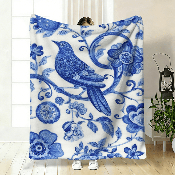 Extra Large Soft Flannel Throw Blanket - Navy Blue Floral Bird pattern,Soft and Warm, Ideal for Travel, Camping, Sofa, Livingroom, Couch, Chair, Bed, Gift for Family or Friends. 