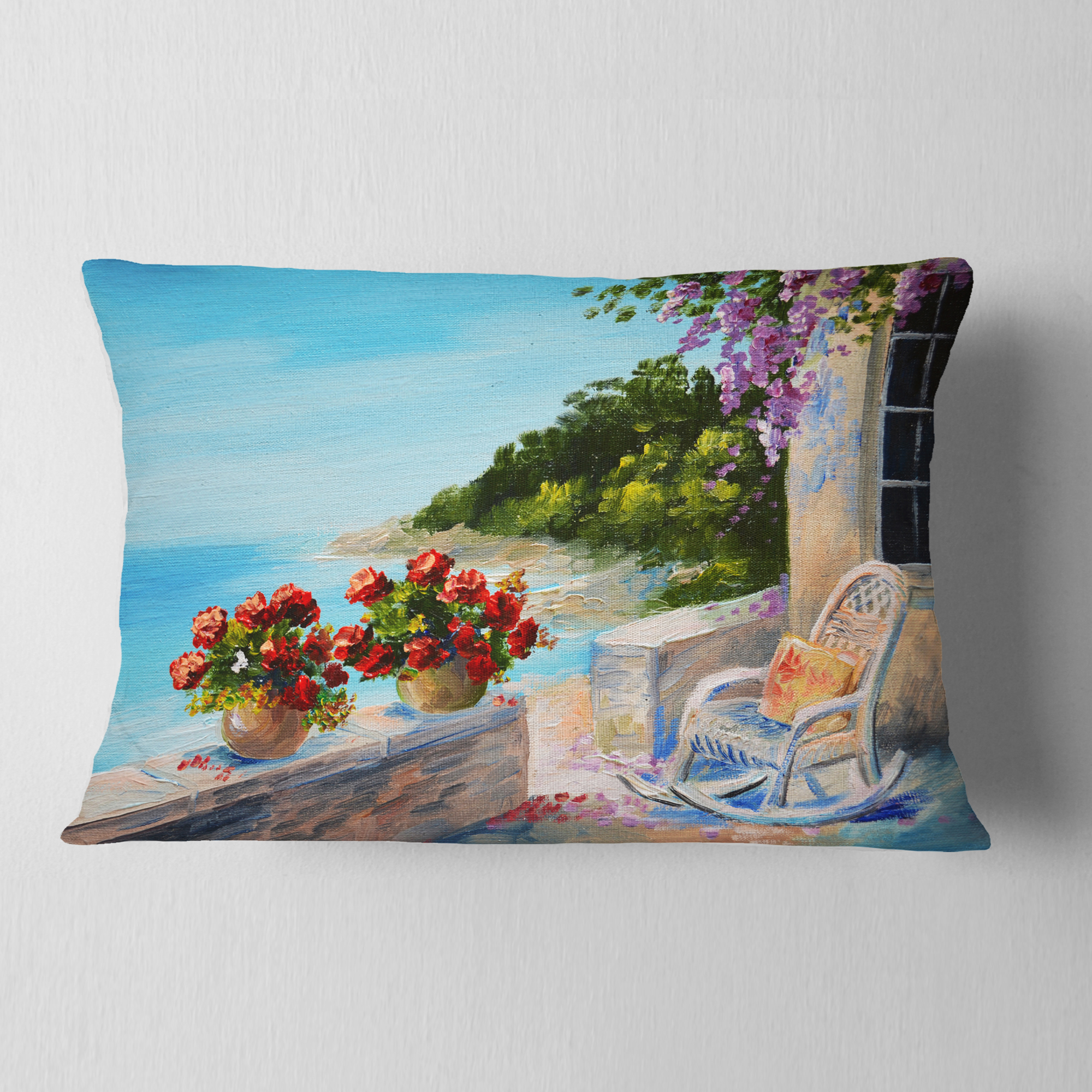 Designart Balcony Near the Sea - Landscape Painting Throw Pillow - 12x20