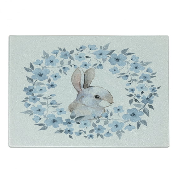 Watercolor Flower Cutting Board, Bunny Rabbit Portrait in Floral Wreath Illustration Country Style, Decorative Tempered Glass Cutting and Serving Board, Small Size, Blue Grey White, by Ambesonne