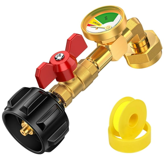 Propane Refill Elbow Adapter, Propane Bottle Refill Adapter with Gauge and ON-Off Control Valve for 1LB Propane Tank to Be Refilled Gas from 5-40 LB Cylinder