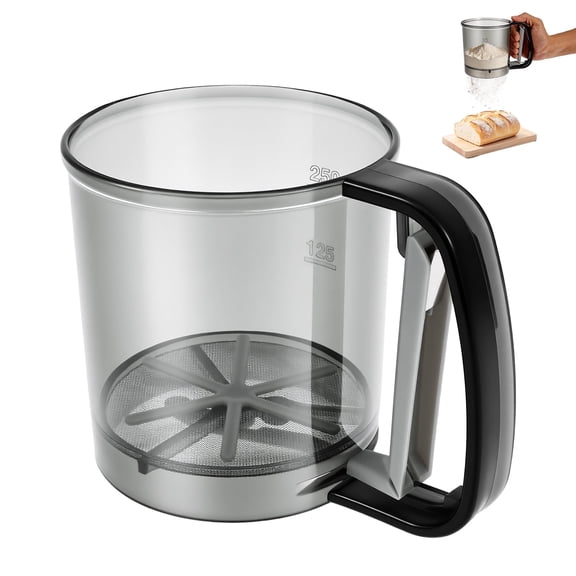 Plastic Flour Sifter Cup with Measurement Scale - Hand Press Fine Mesh Crank Baking Powder Sieve, Manual One-Handed Baking Tool for Flour, Powdered Sugar, and Cocoa