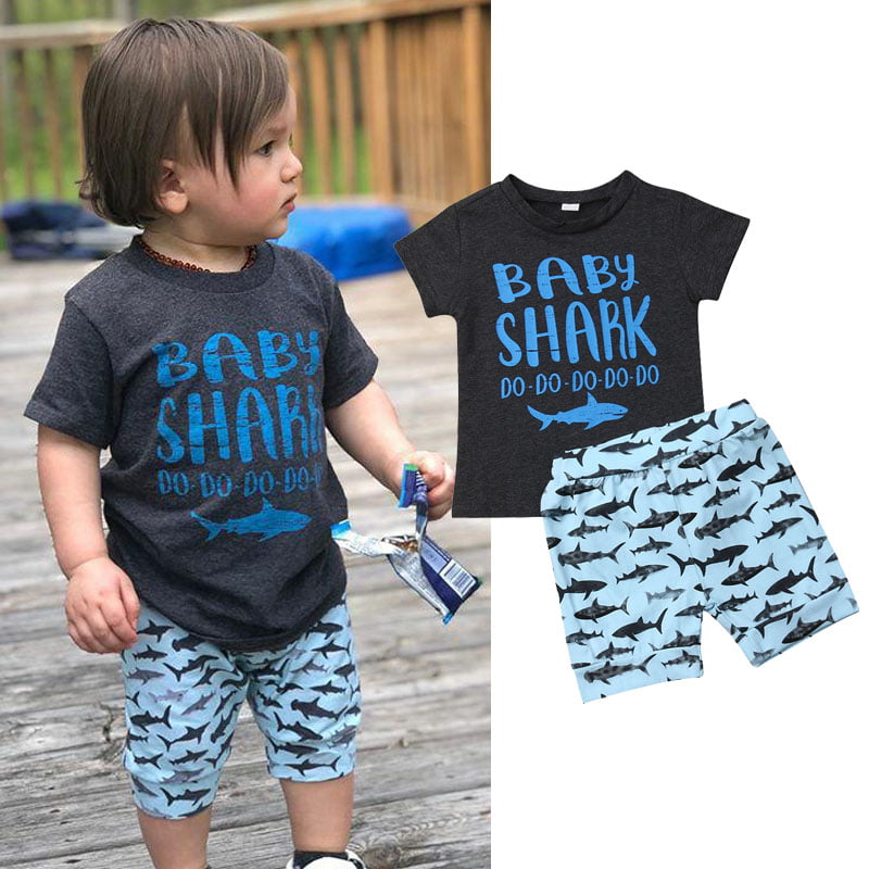 Toddler Baby Boy Clothes Black Sleeveless Shark Tops Summer Vest Wave Short Pants Holiday 2pcs Outfits Set 