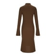 thumbnail image 4 of asdoklhq formal Dresses for Women Solid Elegant Chiffon Long Sleeve Half-Zip Flared Sleeve Knit Fishnet Dress Maxi Dress Sweater Dress Brown M, 4 of 8
