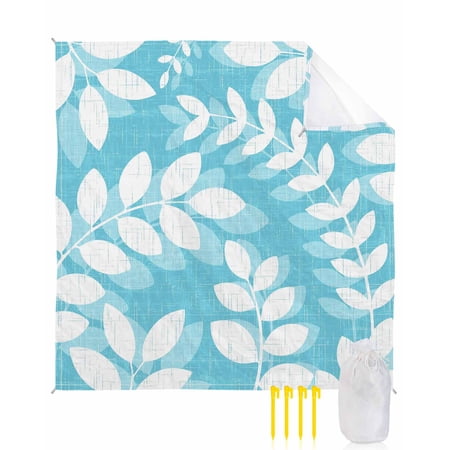 Beach Blanket Waterproof Sandproof Turquoise Leaf Branches Beach Blankets with Stakes Quick Dry Sand Free Outdoor Picnic Mats Linen Leaves Plant Large Beach Mat for Sand Camping Hiking 83 x79